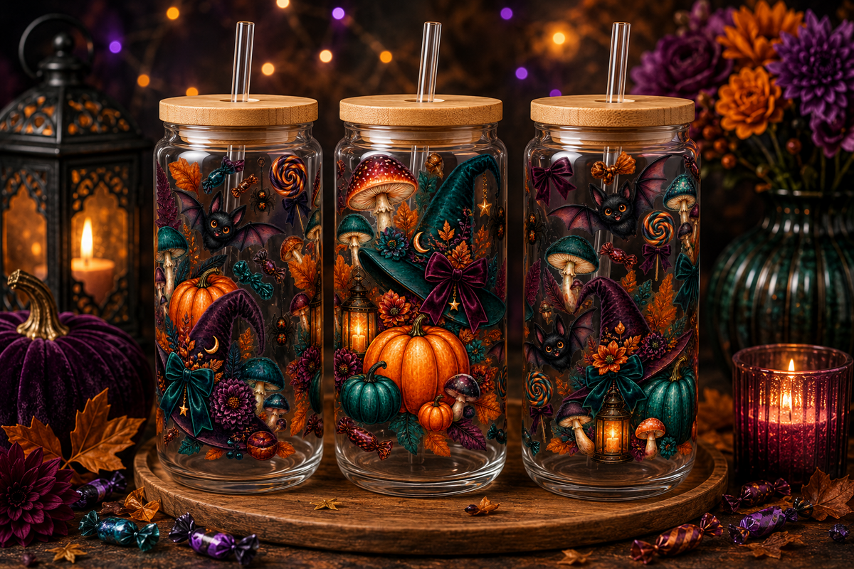 Enchanted Mushroom Witch Halloween Glass Can Tumbler – alternate lifestyle view