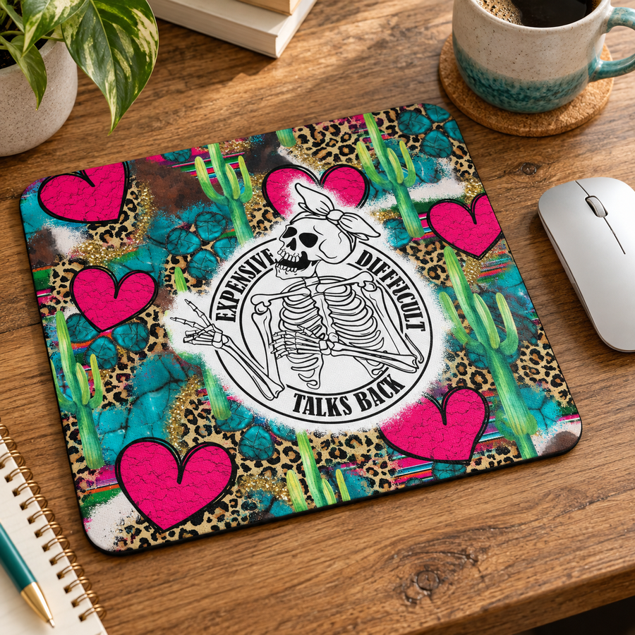 Expensive, Difficult & Talks Back Mouse Pad – Western Skeleton Decor