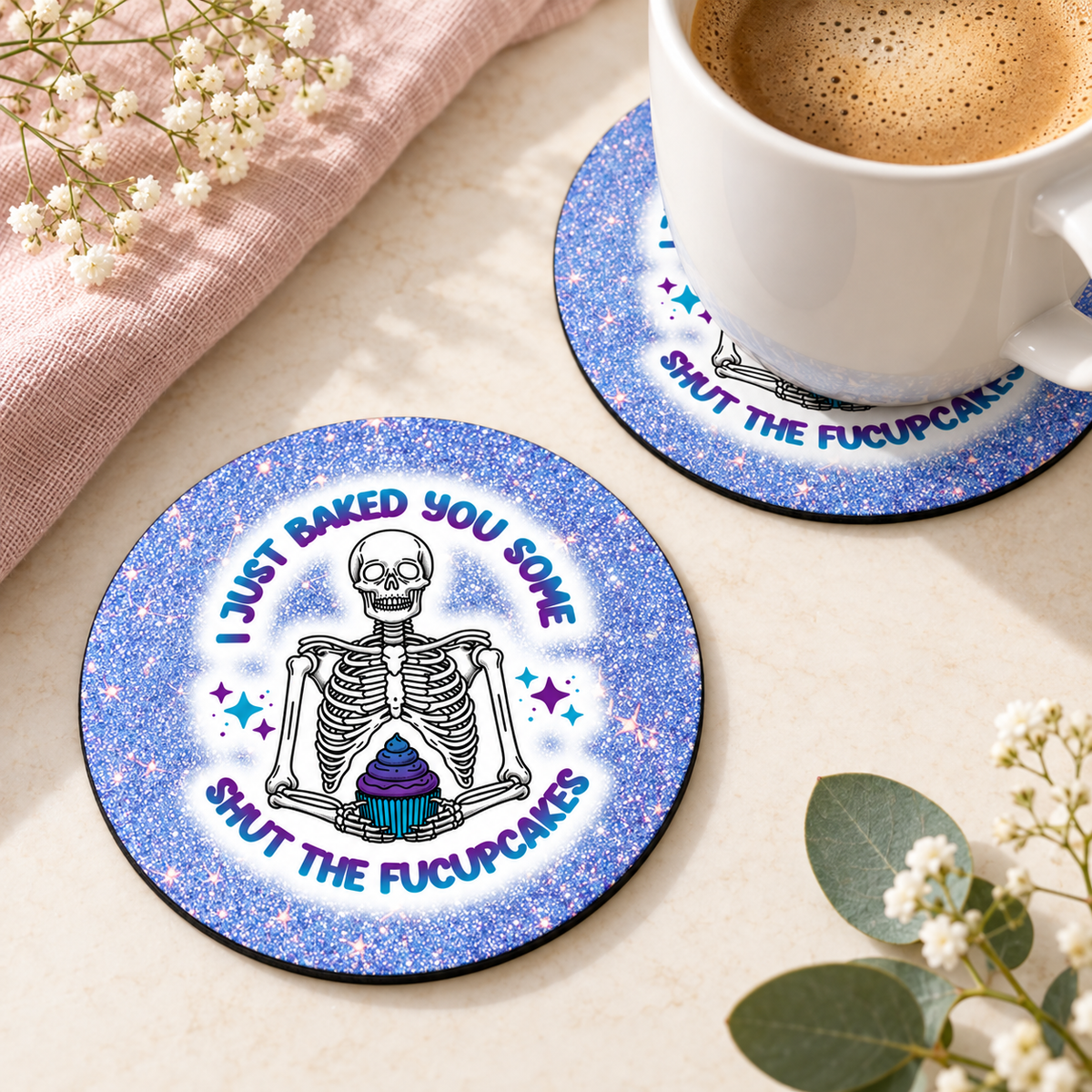 Fresh Baked Shut the Fucupcakes round coaster set of two with thin black rubber backing