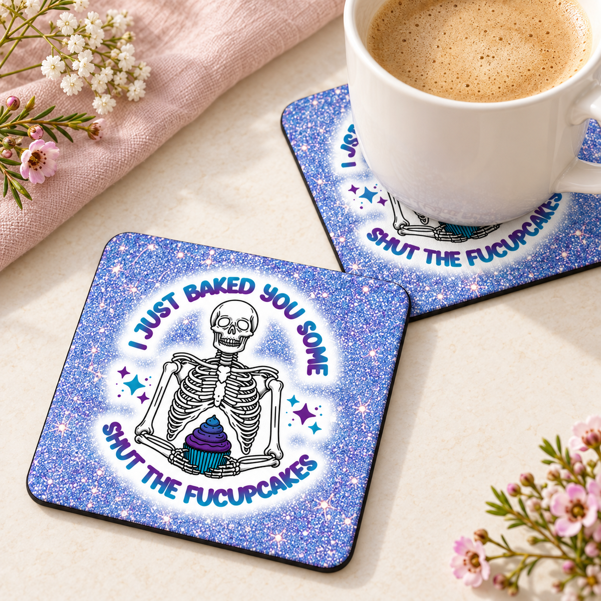 Fresh Baked Shut the Fucupcakes square coaster set of two with thin black rubber backing