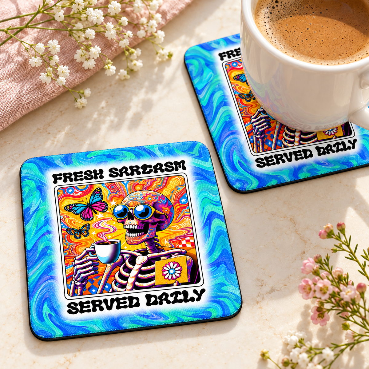 Fresh Sarcasm Served Daily square coaster set of two with thin black rubber backing