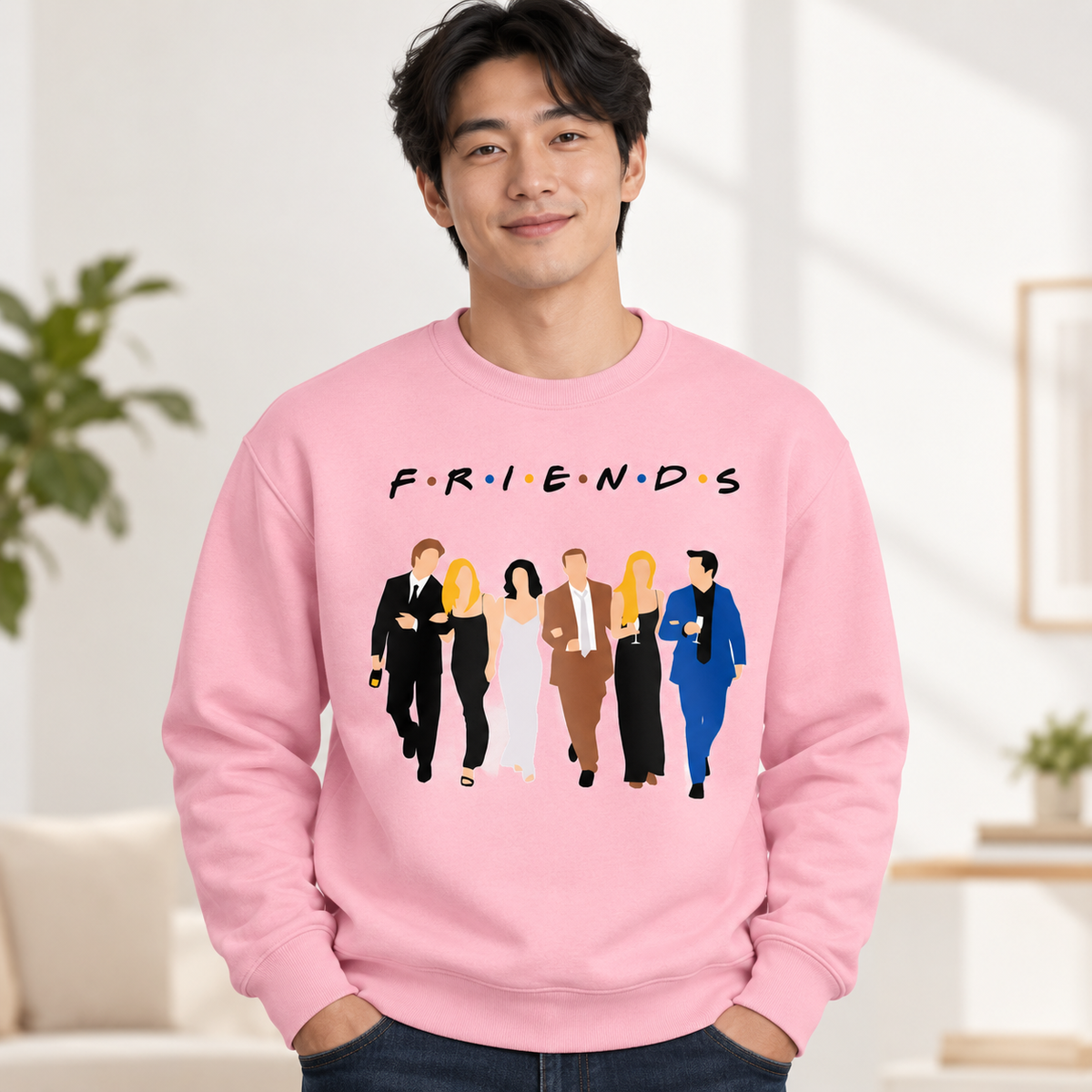 Friends Character Lineup on Pink Crewneck