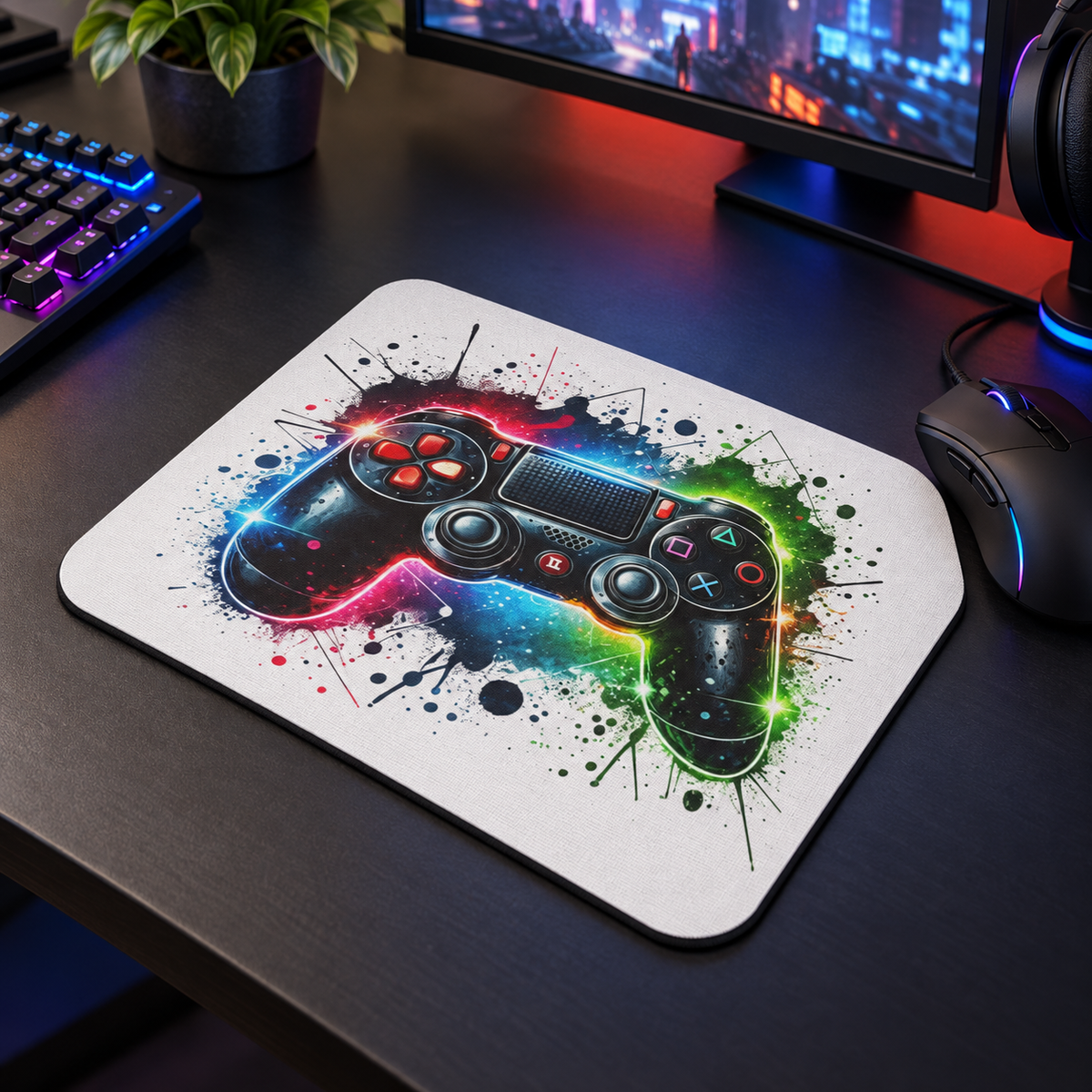 Gaming Controller Mouse Pad – Colorful Splash Gamer Desk Accessory – realistic lifestyle mockup