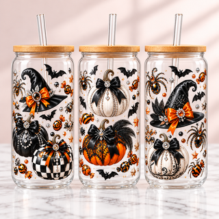 Glam Black & Orange Jeweled Halloween Glass Can Tumbler — clear; complementary views of one product