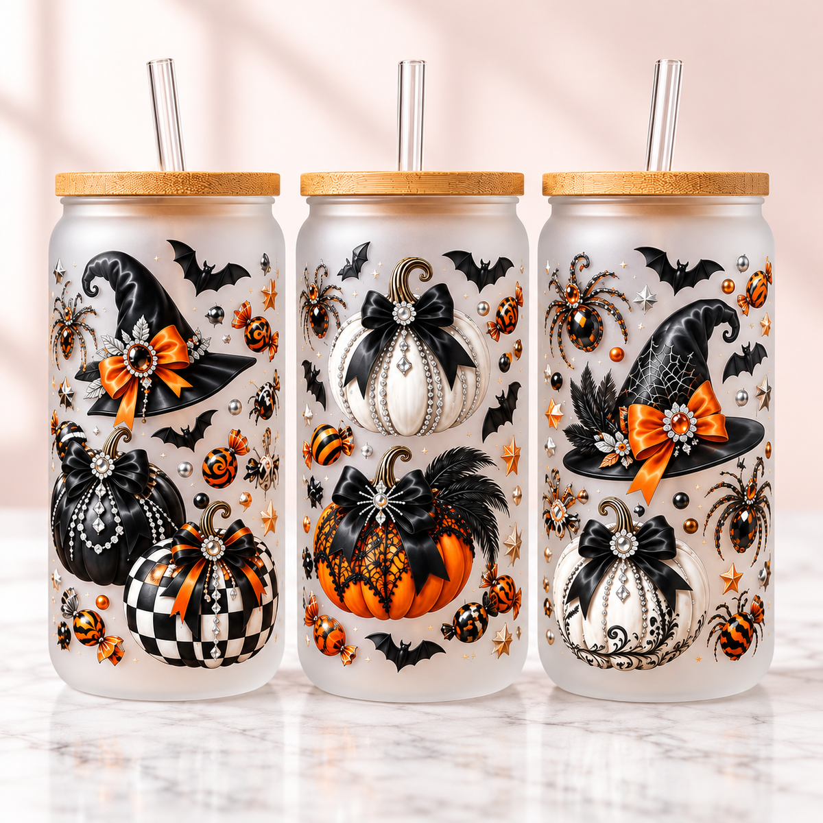 Glam Black & Orange Jeweled Halloween Glass Can Tumbler — frosted; complementary views of one product