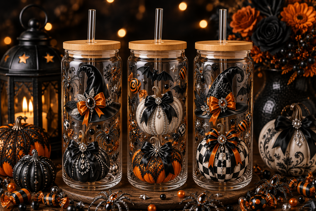 Glam Black & Orange Jeweled Halloween Glass Can Tumbler – alternate lifestyle view