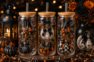 Glam Black & Orange Jeweled Halloween Glass Can Tumbler – alternate lifestyle view