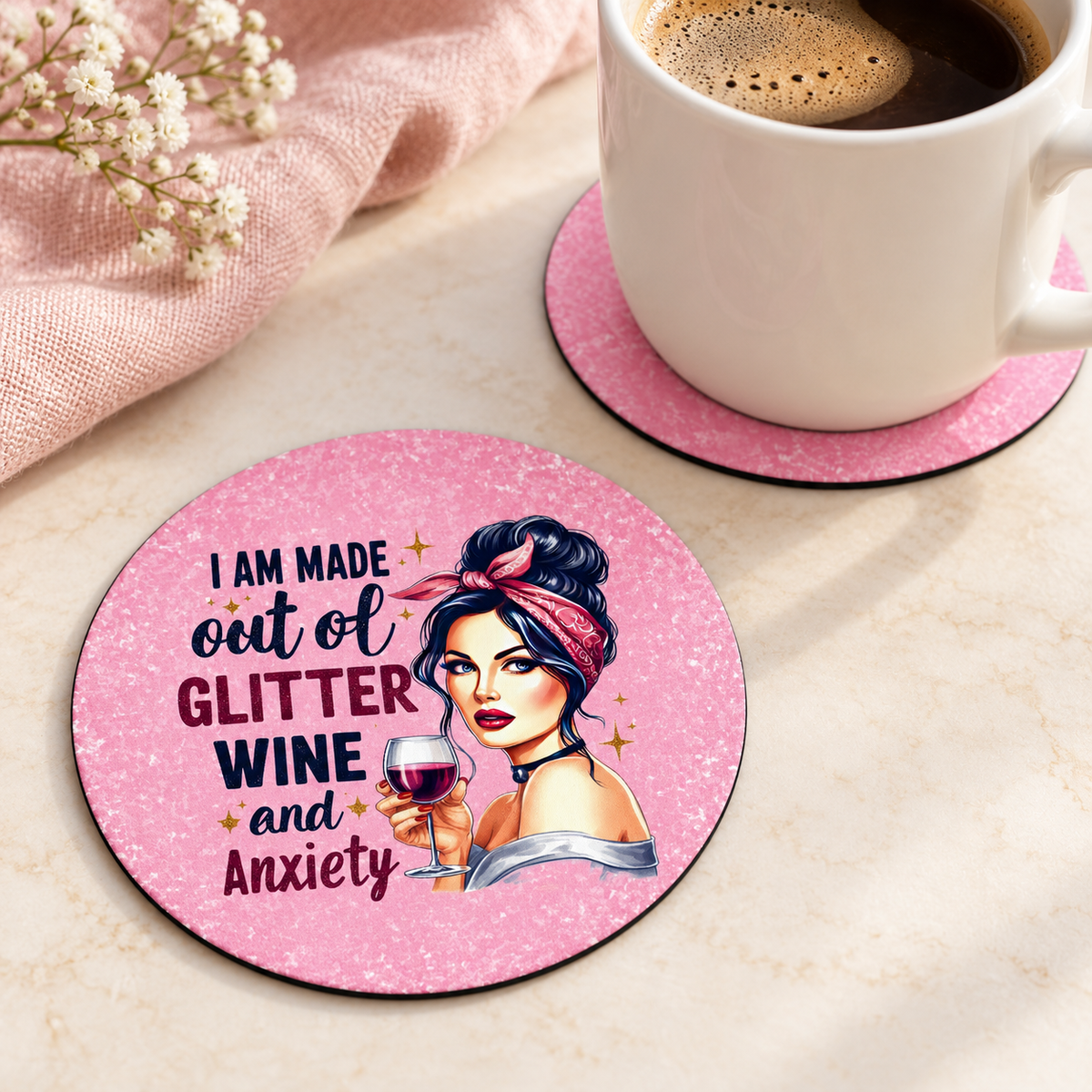 Glitter Wine and Anxiety – Pink Woodgrain round coaster set of two with thin black rubber backing