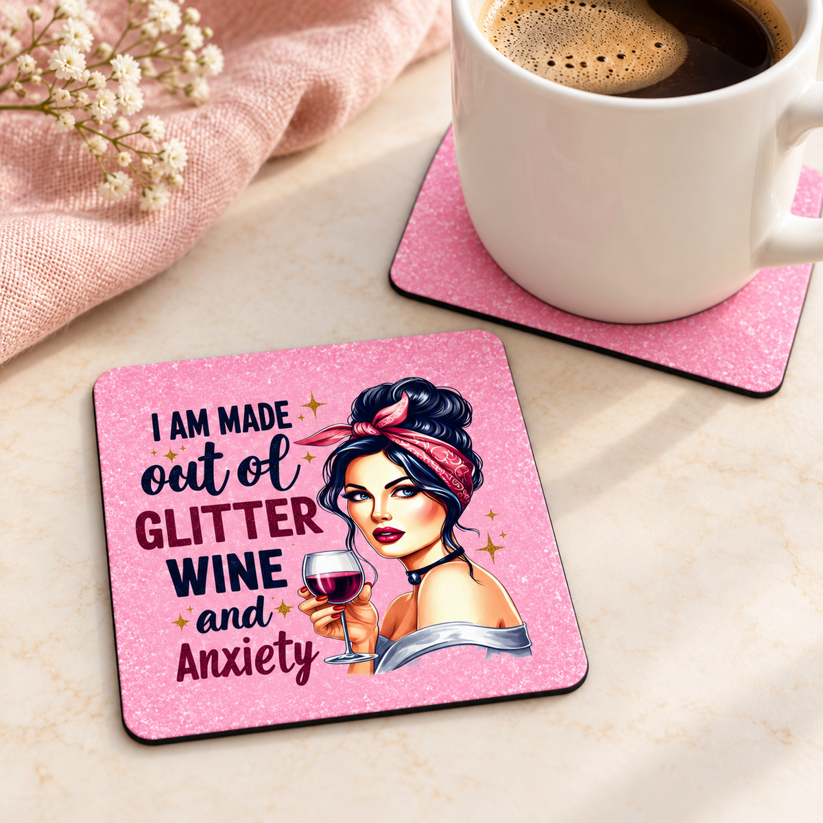 Glitter Wine and Anxiety – Pink Woodgrain square coaster set of two with thin black rubber backing