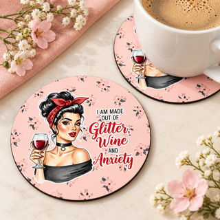 Glitter Wine and Anxiety – Retro Confetti round coaster set of two with thin black rubber backing