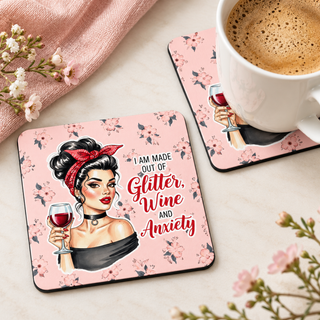 Glitter Wine and Anxiety – Retro Confetti square coaster set of two with thin black rubber backing