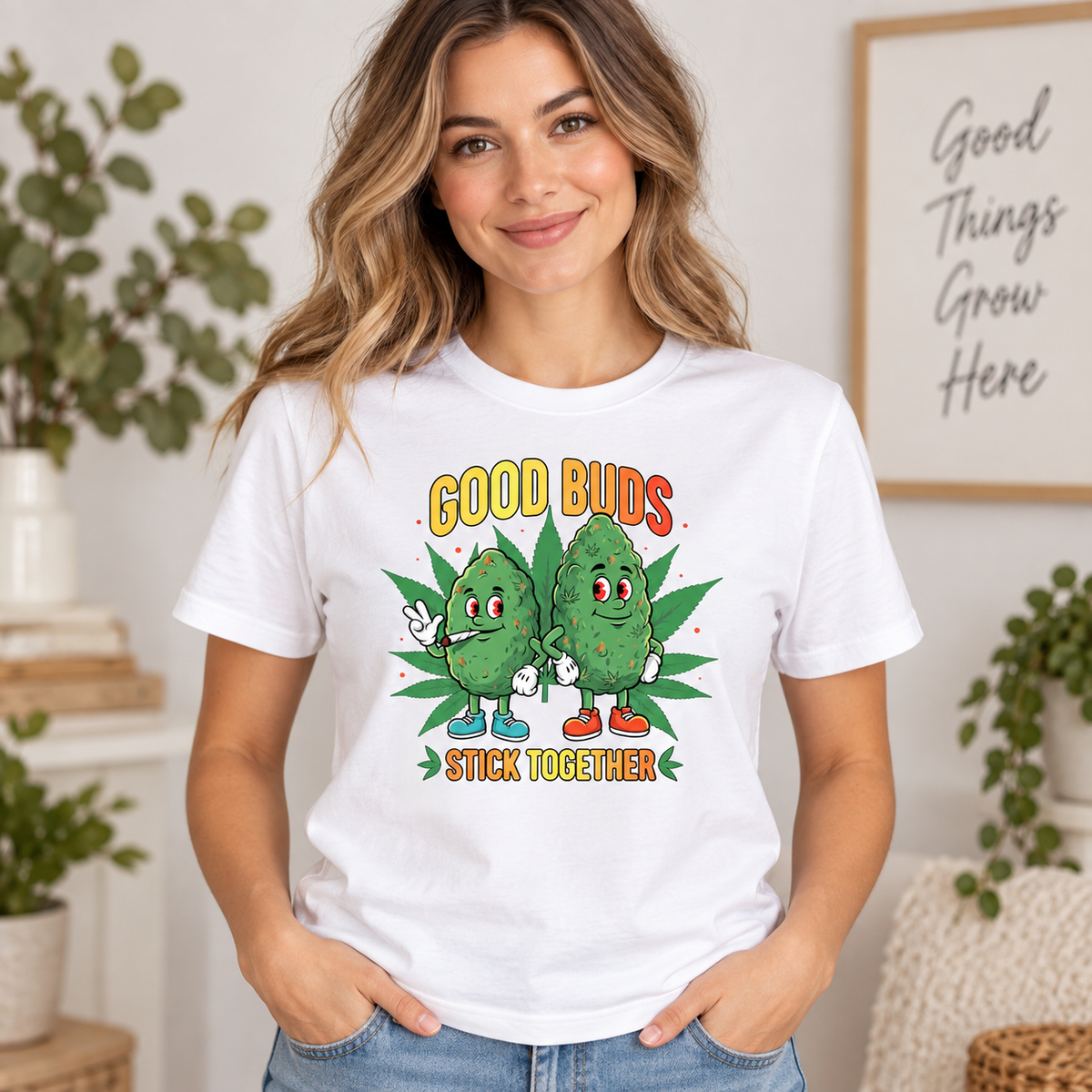 Good Buds Stick Together Graphic Apparel on White T-Shirt