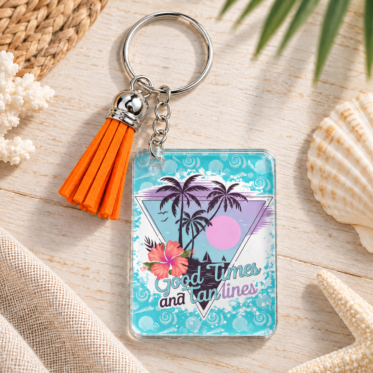 Good Times & Tan Lines keychain with orange tassel
