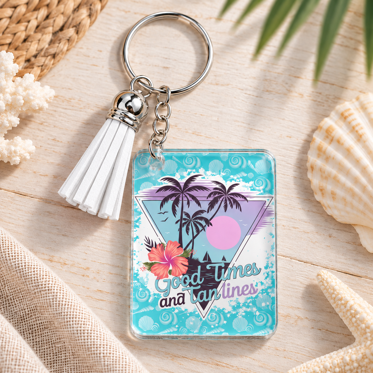 Good Times & Tan Lines keychain with white tassel