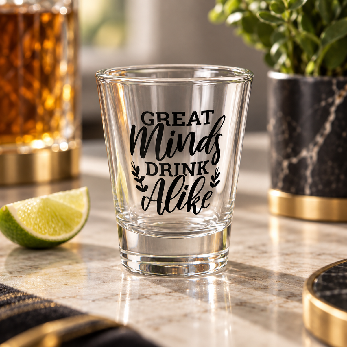 "Great Minds Drink Alike" Funny Shot Glass – realistic lifestyle mockup
