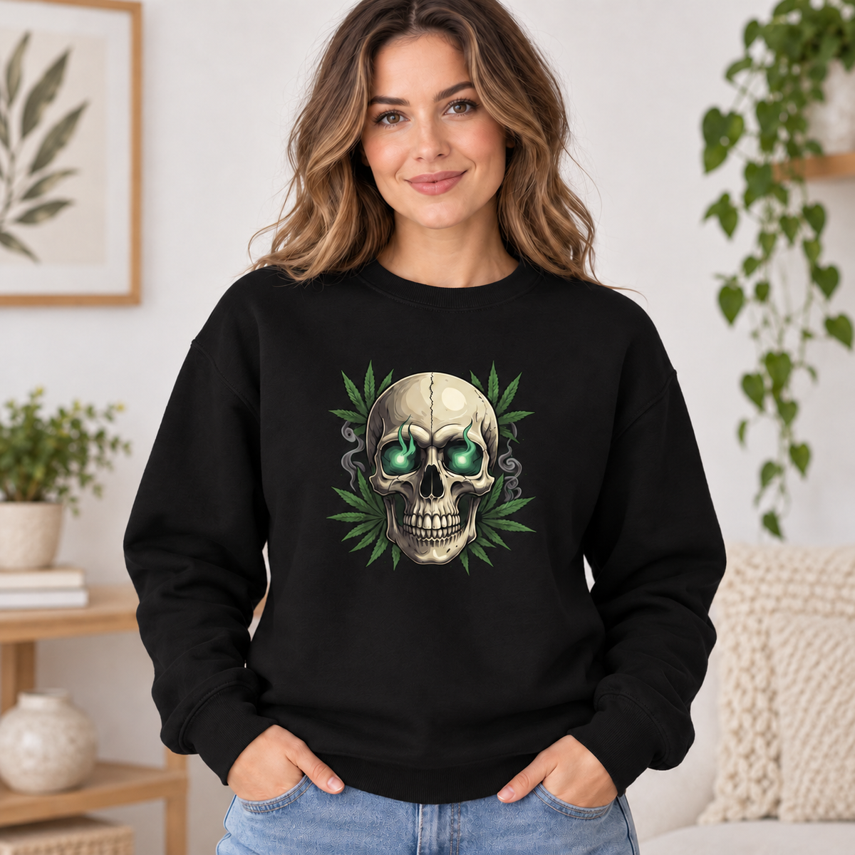 Green-Eye Cannabis Skull Graphic Apparel on a black Crewneck