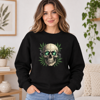 Green-Eye Cannabis Skull Graphic Apparel on a black Crewneck