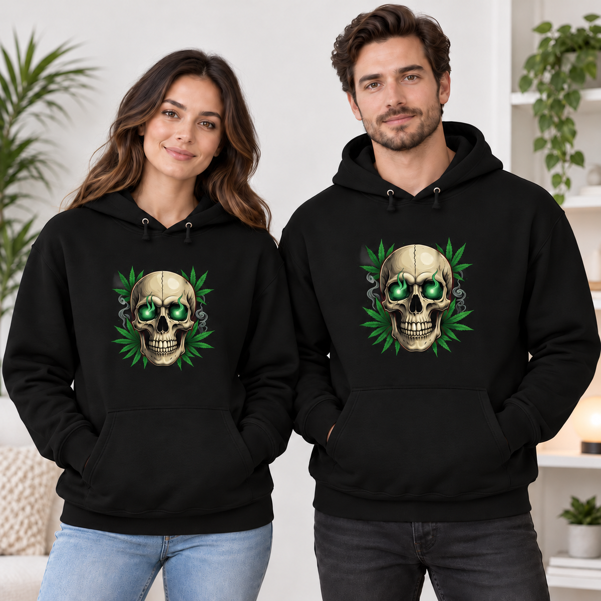 Green-Eye Cannabis Skull Graphic Apparel on a black Hoodie