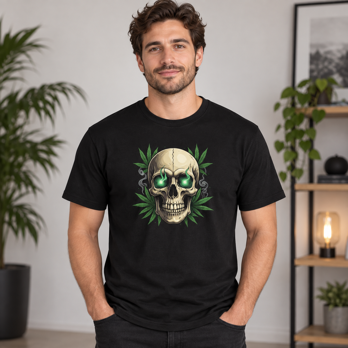Green-Eye Cannabis Skull Graphic Apparel on a black T-Shirt