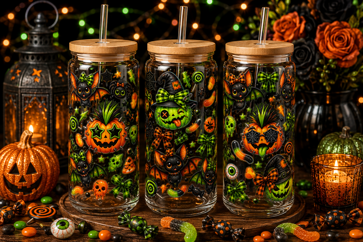 Green Punk Pumpkin Halloween Glass Can Tumbler – alternate lifestyle view