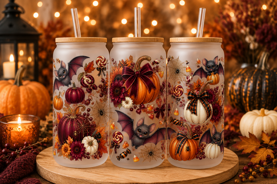 Autumn Bats & Pumpkins Halloween Glass Can Tumbler