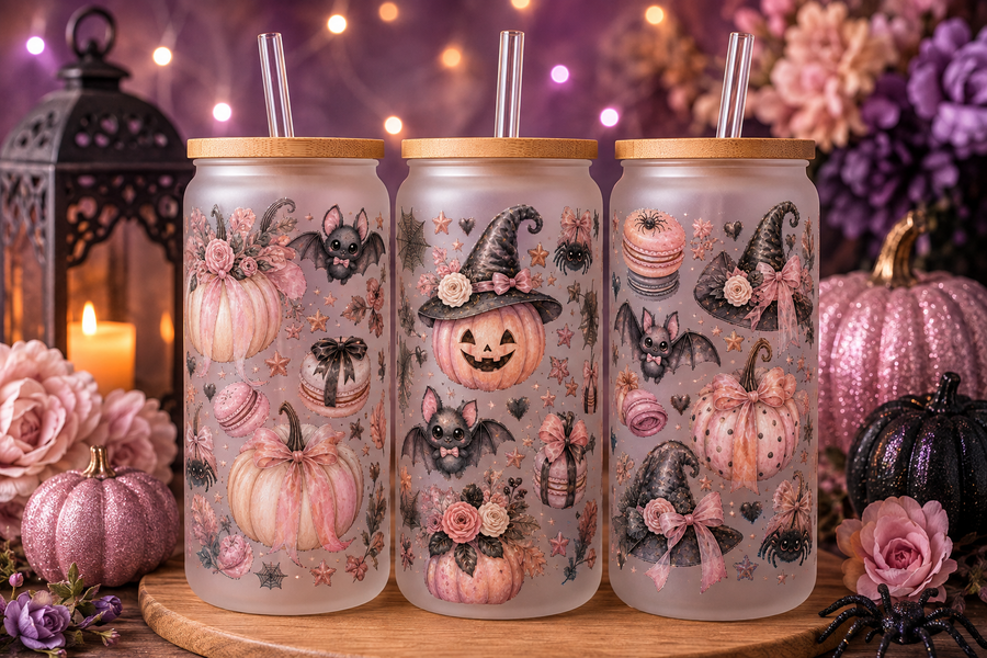 Blush Pink Pumpkin & Bat Halloween Glass Can Tumbler