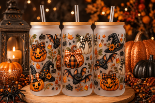 Orange and black buffalo plaid pumpkins bats and witch hats Halloween tumbler