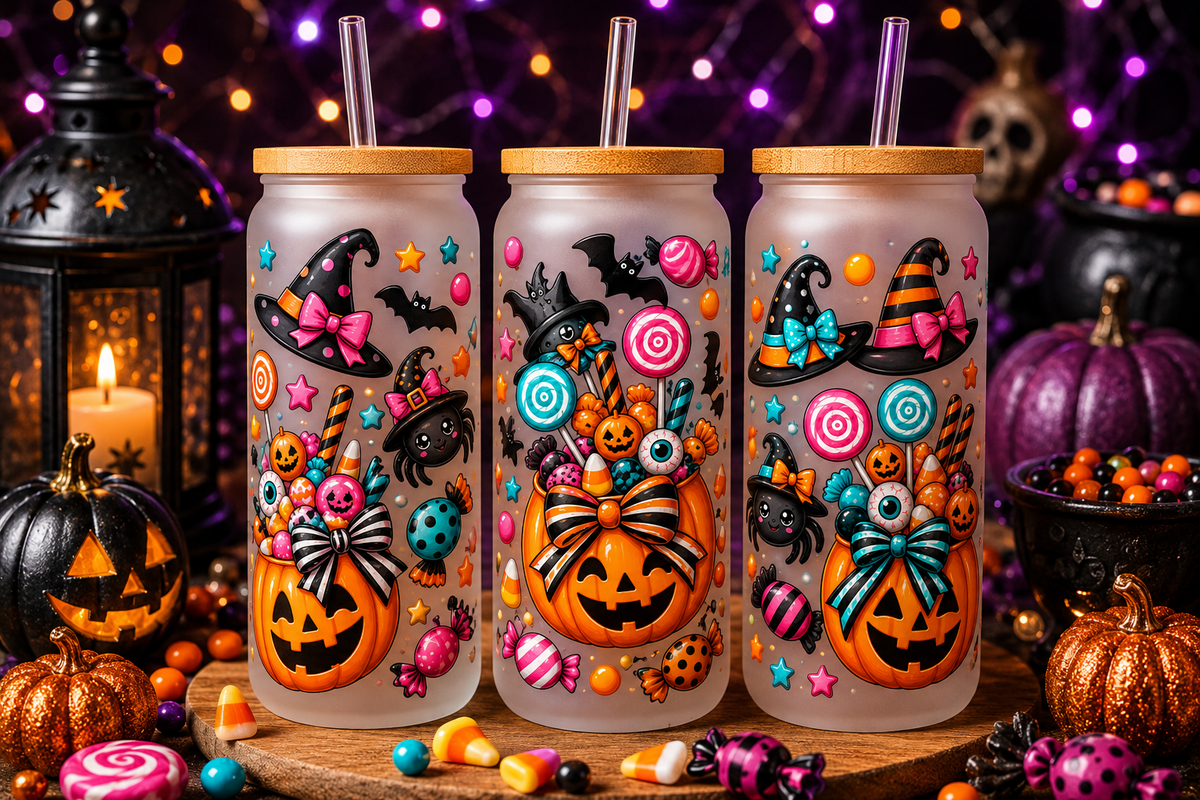Bright candy bucket witch hats pumpkins spiders and bats Halloween tumbler
