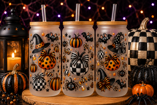 Orange black and white checker polka dot pumpkins witch hats and bats Halloween tumbler