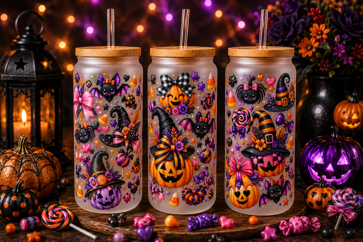 Colorful bows and pumpkins Halloween 16 oz glass can tumbler with bamboo lid and straw