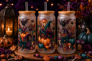 Enchanted mushroom witch Halloween 16 oz glass can tumbler with bamboo lid and straw