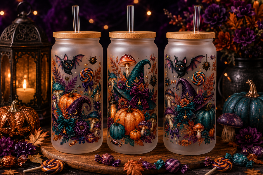 Enchanted Mushroom Witch Halloween Glass Can Tumbler