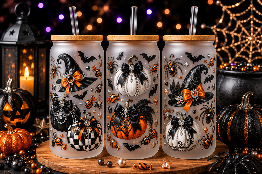 Glam Black & Orange Jeweled Halloween Glass Can Tumbler