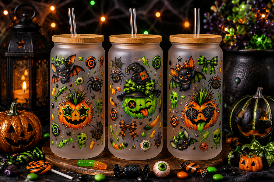 Green Punk Pumpkin Halloween Glass Can Tumbler