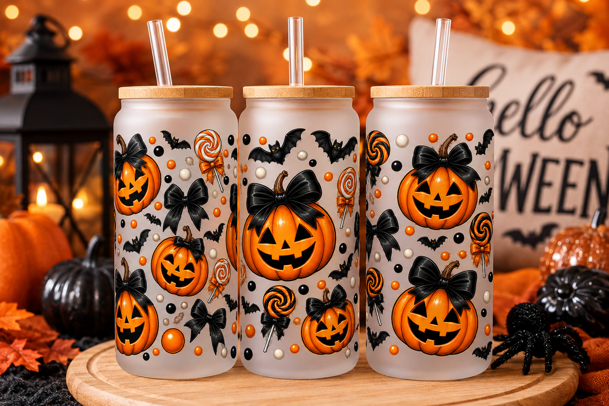 Orange jack-o-lantern pumpkins with black bows Halloween tumbler