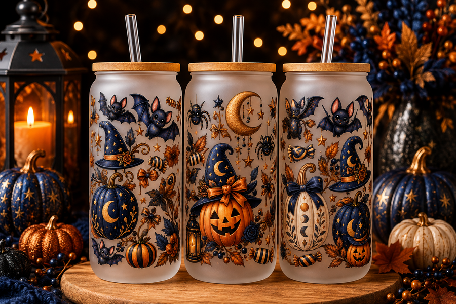 Navy & Gold Celestial Halloween Glass Can Tumbler