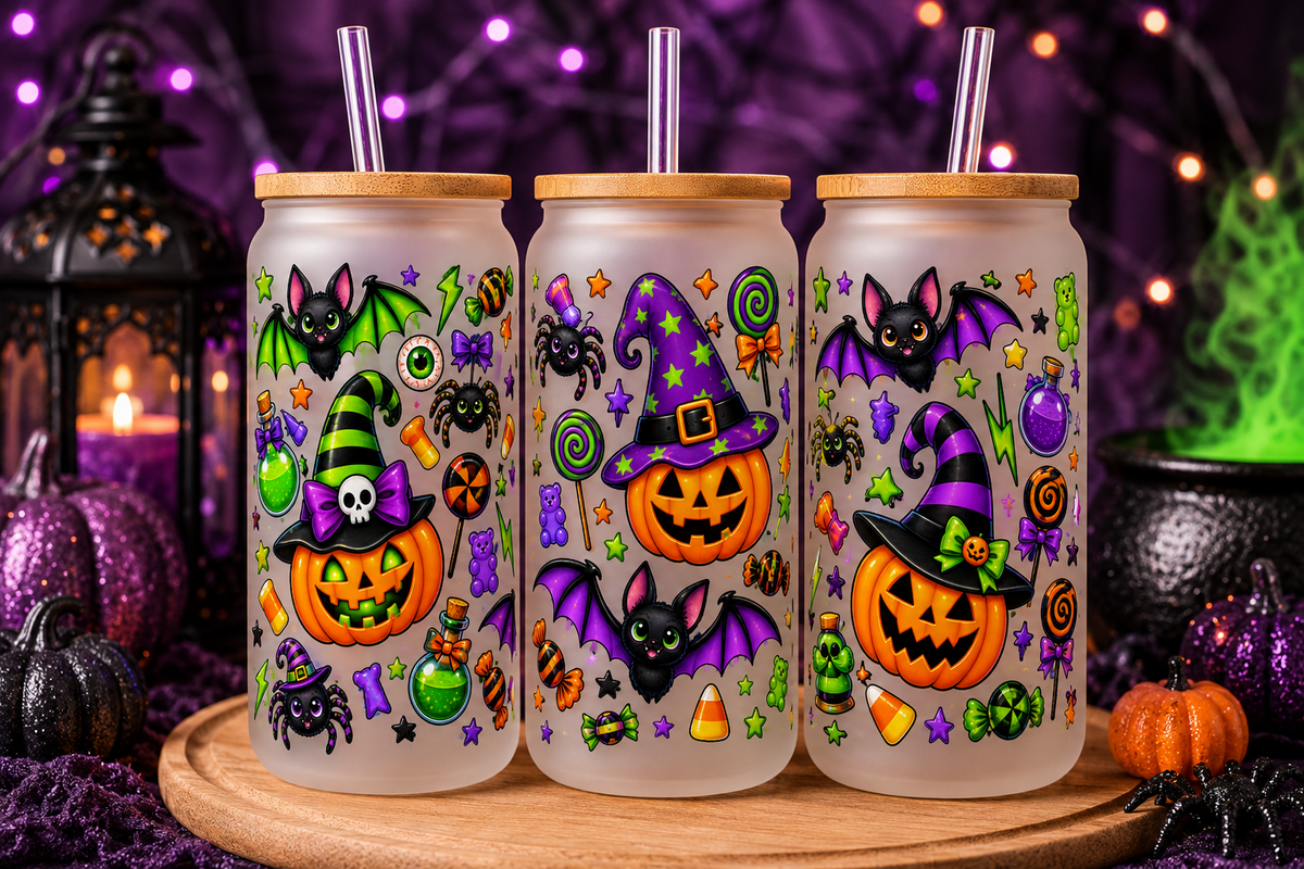 Neon purple green and orange pumpkins bats and candy Halloween tumbler
