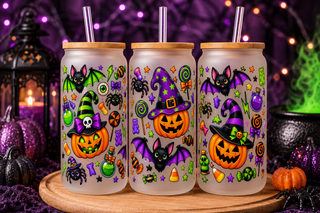 Neon purple green and orange pumpkins bats and candy Halloween tumbler
