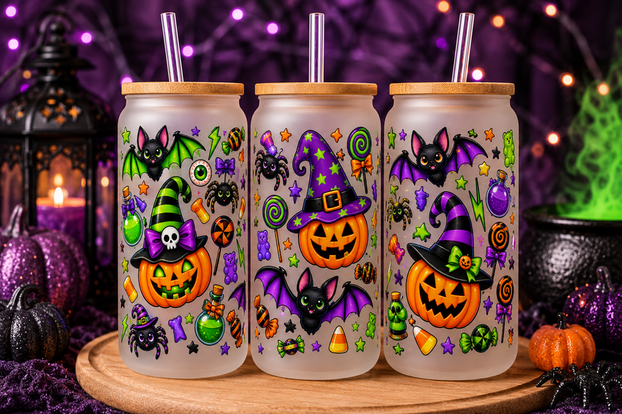 Neon Purple & Green Halloween Glass Can Tumbler