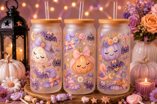 Pastel purple cute pumpkin Halloween 16 oz glass can tumbler with bamboo lid and straw