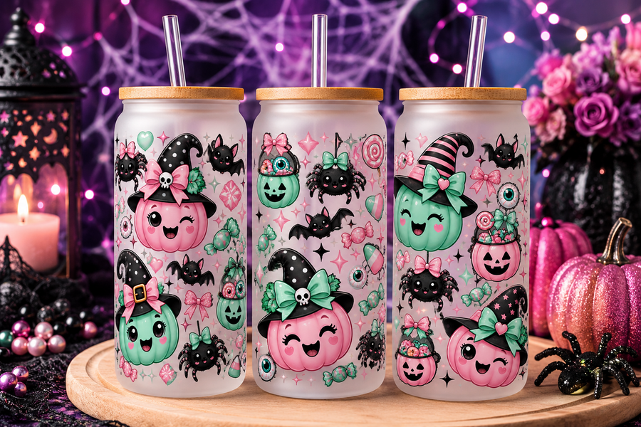 Pastel Pink & Mint Cute Witch Halloween Glass Can Tumbler