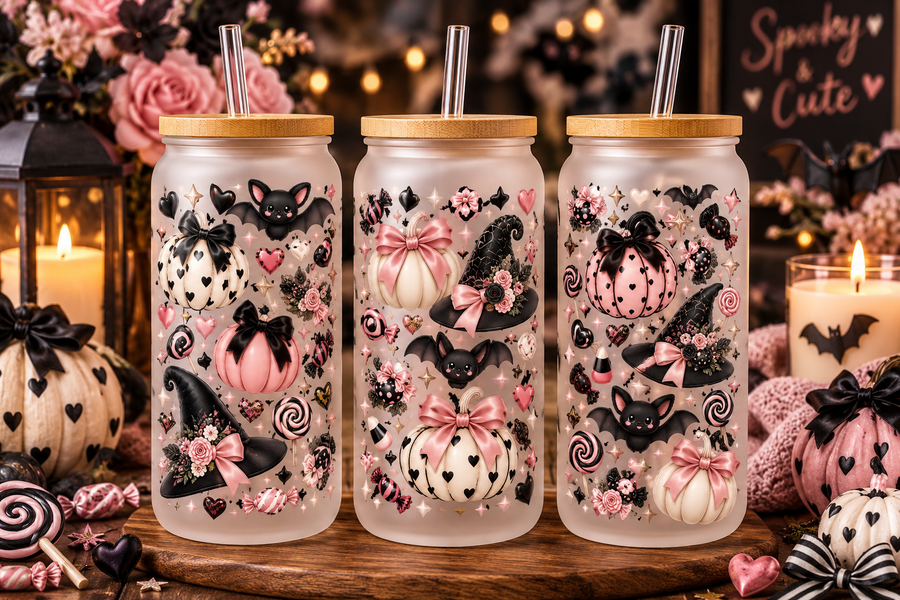 Pink Hearts & Bows Halloween Glass Can Tumbler