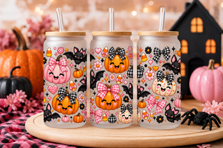 Pink pumpkin and bats Halloween 16 oz glass can tumbler