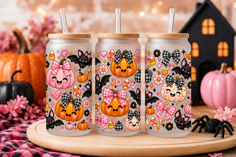 Pink Pumpkin Bows & Bats Halloween Glass Can Tumbler