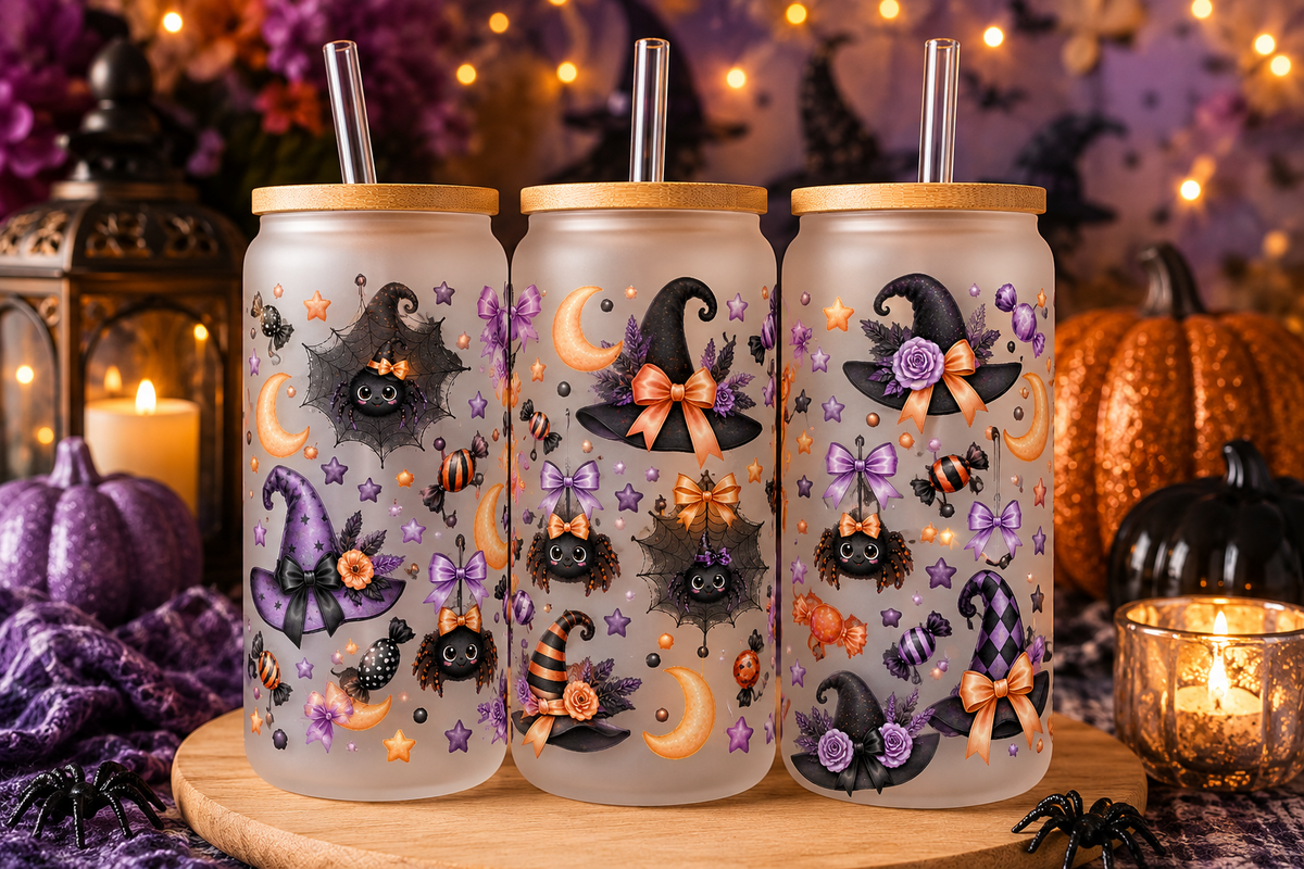 Purple witch hats spiders and moons Halloween tumbler