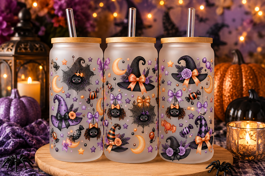 Purple Witch Hats & Spiders Halloween Glass Can Tumbler