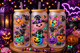 Rainbow kawaii pumpkins bats bows and candy Halloween tumbler