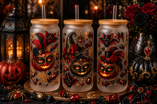 Red and black masquerade Halloween 16 oz glass can tumbler with bamboo lid and straw