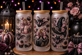 Rose gold black gothic pumpkins bats witch hats and pearls Halloween tumbler
