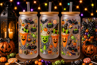 Sweet treats milkshake Halloween 16 oz glass can tumbler with bamboo lid and straw